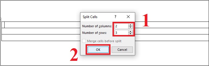 Bước 2: Khi xuất hiện hộp thoại Split Cells, nhập số hàng cần chia trong Number of rows, số cột cần chia trong Number of columns 