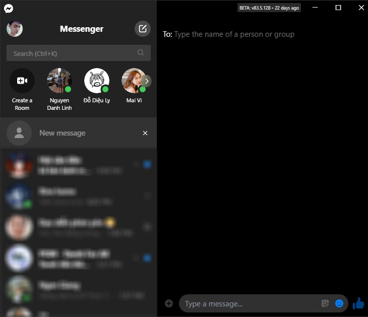 Gaio diện hoạt động của ứng dụng Messenger Desktop