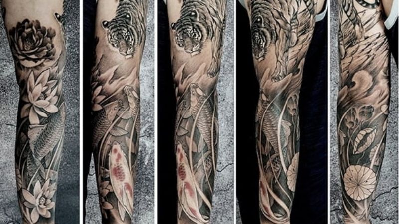 Hình xăm dán kín tay tattoo cao cấp 17x48cm phù hợp vị trí full cánh tay