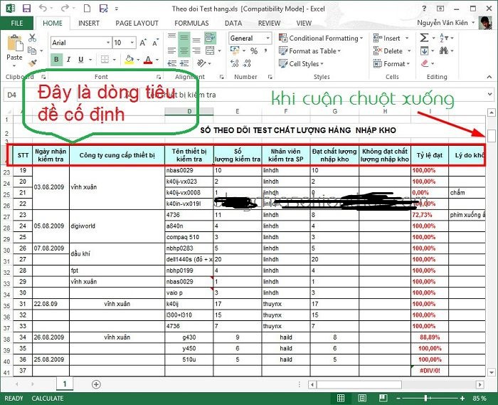 Cách cố định hàng, cột tiêu đề trong Excel khi cuộn chuột xuống